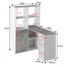 KONDELA Rohový PC stůl s regálem, bílá / beton, MINESON