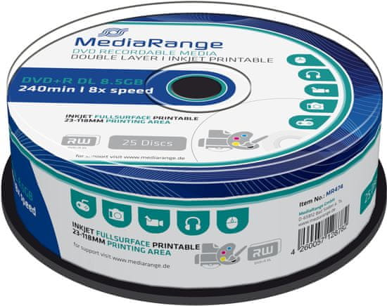 MediaRange DVD+R 8,5GB DL 8x, Printable, 25ks Spindle