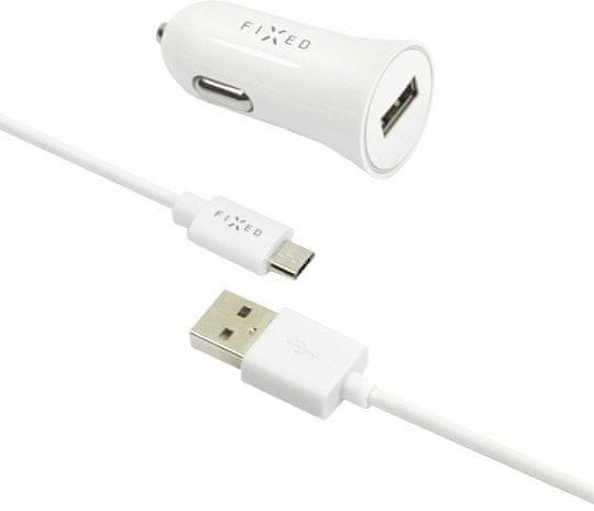 FIXED autonabíječka s odnímatelným micro USB kabelem, 2,4A, bílá