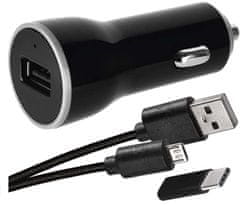 Emos USB adaptér do auta 2.1A + MICRO USB kabel + USB-C redukce