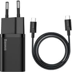 BASEUS síťová nabíječka Super Si Quick 1C, USB-C, 25W, černá + kabel USB-C - USB-C, 3A, 1M, černá