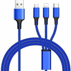 PremiumCord kabel USB 3v1, USB-C, micro USB, Lightning, 1.2m, modrá