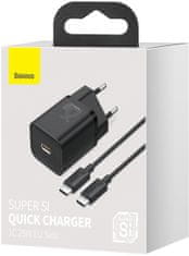 BASEUS síťová nabíječka Super Si Quick 1C, USB-C, 25W, černá + kabel USB-C - USB-C, 3A, 1M, černá