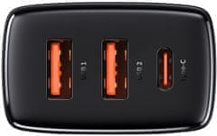 BASEUS rychlonabíjecí adaptér, 2x USB-A, 1x USB-C, 30W, černá