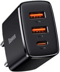 BASEUS rychlonabíjecí adaptér, 2x USB-A, 1x USB-C, 30W, černá