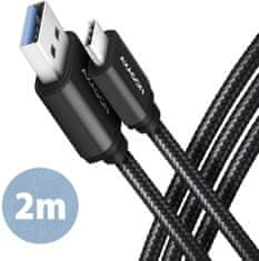 AXAGON kabel USB-A - USB-C SPEED USB3.2 Gen 1, 3A, opletený, 2m, černá