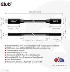 Club 3D prodlužovací kabel USB-C, 5Gbps, 60W(20V/3A), 4K@60Hz (M/F), 1m