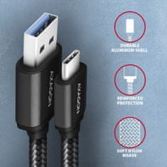 AXAGON kabel USB-A - USB-C SPEED USB3.2 Gen 1, 3A, opletený, 1m, černá