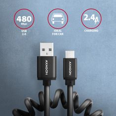 AXAGON kabel USB-A - microUSB TWISTER USB2.0, 2.4A, kroucený, 0.6m, černá