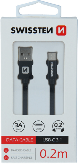 SWISSTEN datový kabel USB - USB-C, M/M, 3A, opletený, 0.2m, černá