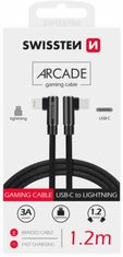 SWISSTEN datový kabel Arcade USB-C - Lightning, M/M, 3A, zahnutý konektor 90°, opletený, 1.2m, černá