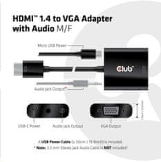 Club 3D adaptér HDMI 1.4 - VGA, M/F, 4K@60Hz, aktivní, audio, 24cm, černá