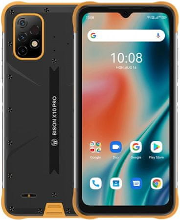 Umidigi Bison X10 Pro odolný telefon vysoká kapacita baterie 6150mAh, dlouhá výdrž čtyřnásobný fotoaparát 20 + 8 + 5 Mpx 8Mpx selfie kamera NFC platby fotoaparát SOS tlačítko odolnost IP68 IP69K vojenský standard MIL-STD-810G nejvyšší krytí telefonu Gorilla Glass 3 výkonný odolný telefon IPS displej MediaTek Helio P60 4GB RAM 128GB ROM velké úložiště LTE připojení rychlý internet 4G síť WiFi Bluetooth 4.2 NFC výkonná baterie výkonný procesor procesor odolňák odolný telefon povrchová úprava nastavitelná tlačítka odolná konstrukce bzedrátové FM rádio dlouhá výdrž čtečka otisku prstů stylový odolný telefon