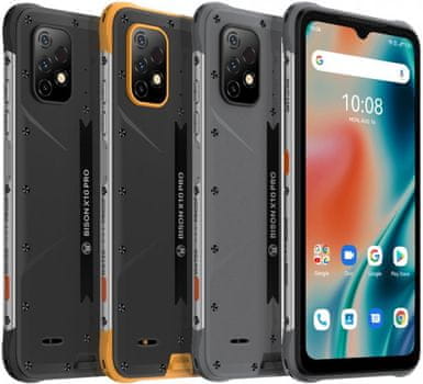 Umidigi Bison X10 Pro odolný telefon vysoká kapacita baterie 6150mAh, dlouhá výdrž čtyřnásobný fotoaparát 20 + 8 + 5 Mpx 8Mpx selfie kamera NFC platby fotoaparát SOS tlačítko odolnost IP68 IP69K vojenský standard MIL-STD-810G nejvyšší krytí telefonu Gorilla Glass 3 výkonný odolný telefon IPS displej MediaTek Helio P60 4GB RAM 128GB ROM velké úložiště LTE připojení rychlý internet 4G síť WiFi Bluetooth 4.2 NFC výkonná baterie výkonný procesor procesor odolňák odolný telefon povrchová úprava nastavitelná tlačítka odolná konstrukce bzedrátové FM rádio dlouhá výdrž čtečka otisku prstů stylový odolný telefon