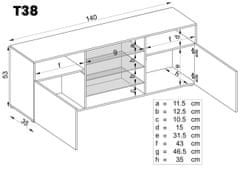 Extreme Furniture T38 Televizní Stolek | Skříňka do Obýváku Se 3 Skleněnými Policemi a 2 dveře | Moderní Design | Praktické Skladování, černá/lesk