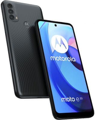 moderní mobilní dotykový telefon smartphone motorola moto E30 10W rychlonabíjení 5000 mah baterie výdrž lte Bluetooth 2 sim Dual SIM dedikovaný slot paměťová karta nfc 6,5palcový hd+ IPS displej MaxVision 48mpx fotoaparát google assistant ultraširokoúhlý objektiv širokoúhlá kamera výkonný fotoaparát makro hloubkový objektiv Unisoc T700 výkonný procesor LTE 4G