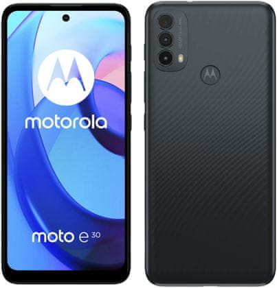 moderní mobilní dotykový telefon smartphone motorola moto E30 10W rychlonabíjení 5000 mah baterie výdrž lte Bluetooth 2 sim Dual SIM dedikovaný slot paměťová karta nfc 6,5palcový hd+ IPS displej MaxVision 48mpx fotoaparát google assistant ultraširokoúhlý objektiv širokoúhlá kamera výkonný fotoaparát makro hloubkový objektiv Unisoc T700 výkonný procesor LTE 4G