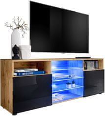 Extreme Furniture T38 Televizní Stolek | Skříňka do Obýváku Se 3 Skleněnými Policemi a 2 dveře | Moderní Design | Praktické Skladování, černá/lesk
