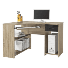 BPS-koupelny Rohový PC stůl, dub sonoma/černý lesk, UMAG