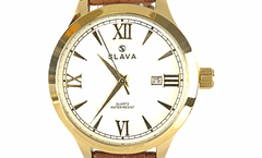 Slava Time Pánské hnědé hodinky SLAVA ve zlatém pouzdře SLAVA 10126