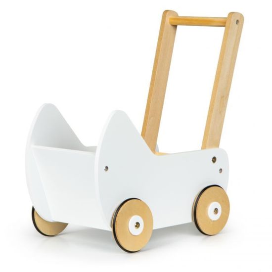 EcoToys Dětský dřevěný kočárek pro panenky - chodítko | bílá
