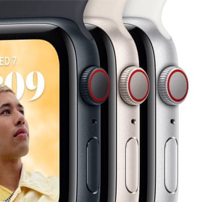 Chytré hodinky Apple Watch SE 2022 Cellular Retina displej stále zapnutý monitorování tepu srdeční činnosti hudební přehrávač volání notifikace NFC platby Apple Pay hluk App Store  eSIM komunikace bez přítomnosti telefonu LTE připojení aktivní mobilní tarif oboustranná komunikace