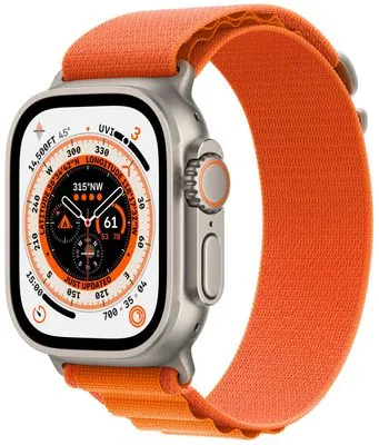 Chytré hodinky Apple Watch Ultra Cellular, 49mm, Retina displej stále zapnutý EKG monitorování tepu srdeční činnosti hudební přehrávač volání notifikace NFC platby Apple Pay hluk App Store Senzor pro snímání okysličení krve měření fyzické kondice VO2 max siréna ovulace titanové pouzdro 100 metrů voděodolné MIL-STD 810H EN13319