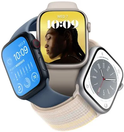 Chytré hodinky Apple Watch Series 8 Cellular eSIM funkce esim oboustranná komunikace, 41mm, Apple Pay Retina displej voděodolnost WR50 pro plavání detekce autonehody nové funkce fáze spánku SOS volání krytí proti prachu akcelerometr GPS stále zapnutý EKG monitorování tepu srdeční činnosti hudební přehrávač volání notifikace NFC platby Apple Pay hluk App Store Senzor pro snímání okysličení krve měření fyzické kondice VO2 max Retina displej hliníkové pouzdro nastavitelný design vyměnitelný řemínek