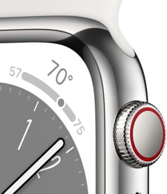 Chytré hodinky Apple Watch Series 8 Cellular eSIM funkce esim oboustranná komunikace, 41mm, Apple Pay Retina displej voděodolnost WR50 pro plavání detekce autonehody nové funkce fáze spánku SOS volání krytí proti prachu akcelerometr GPS stále zapnutý EKG monitorování tepu srdeční činnosti hudební přehrávač volání notifikace NFC platby Apple Pay hluk App Store Senzor pro snímání okysličení krve měření fyzické kondice VO2 max automatické přivolání pomoci