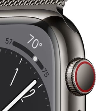 Chytré hodinky Apple Watch Series 8 Cellular eSIM funkce esim oboustranná komunikace, 41mm, Apple Pay Retina displej voděodolnost WR50 pro plavání detekce autonehody nové funkce fáze spánku SOS volání krytí proti prachu akcelerometr GPS stále zapnutý EKG monitorování tepu srdeční činnosti hudební přehrávač volání notifikace NFC platby Apple Pay hluk App Store Senzor pro snímání okysličení krve měření fyzické kondice VO2 max automatické přivolání pomoci