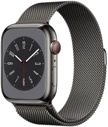 Chytré hodinky Apple Watch Series 8 Cellular, 41mm, Apple Pay Retina displej voděodolnost WR50 pro plavání detekce autonehody nové funkce fáze spánku SOS volání krytí proti prachu akcelerometr GPS stále zapnutý EKG monitorování tepu srdeční činnosti hudební přehrávač volání notifikace NFC platby Apple Pay hluk App Store Senzor pro snímání okysličení krve měření fyzické kondice VO2 max