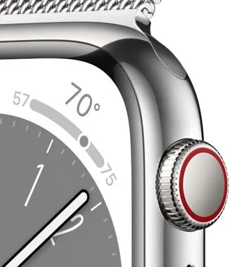 Chytré hodinky Apple Watch Series 8 Cellular eSIM funkce esim oboustranná komunikace, 41mm, Apple Pay Retina displej voděodolnost WR50 pro plavání detekce autonehody nové funkce fáze spánku SOS volání krytí proti prachu akcelerometr GPS stále zapnutý EKG monitorování tepu srdeční činnosti hudební přehrávač volání notifikace NFC platby Apple Pay hluk App Store Senzor pro snímání okysličení krve měření fyzické kondice VO2 max automatické přivolání pomoci