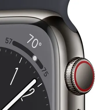 Chytré hodinky Apple Watch Series 8 Cellular eSIM funkce esim oboustranná komunikace, 41mm, Apple Pay Retina displej voděodolnost WR50 pro plavání detekce autonehody nové funkce fáze spánku SOS volání krytí proti prachu akcelerometr GPS stále zapnutý EKG monitorování tepu srdeční činnosti hudební přehrávač volání notifikace NFC platby Apple Pay hluk App Store Senzor pro snímání okysličení krve měření fyzické kondice VO2 max automatické přivolání pomoci