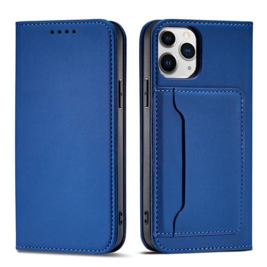 OEM Magnet Card Case elegantní knížkové pouzdro s venkovní kapsou na iPhone 12 Pro 6.1" Blue