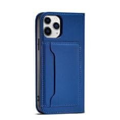 OEM Magnet Card Case elegantní knížkové pouzdro s venkovní kapsou na iPhone 12 Pro MAX 6.7" Blue