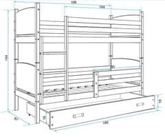 Importworld Dětská patrová postel Evžen - 2 osoby, 80x190 s úložným prostorem – Grafitová, Bílá