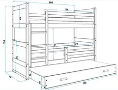 Importworld Dětská patrová postel Bohumír - 3 osoby, 90x200 s výsuvnou přistýlkou – Borovice, Zelená