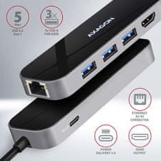 HMC-6GL, USB 3.2 Gen 1 hub, porty 3x USB-A, HDMI 4k/30Hz, RJ-45 GLAN, PD 100W, kabel USB-C 20cm