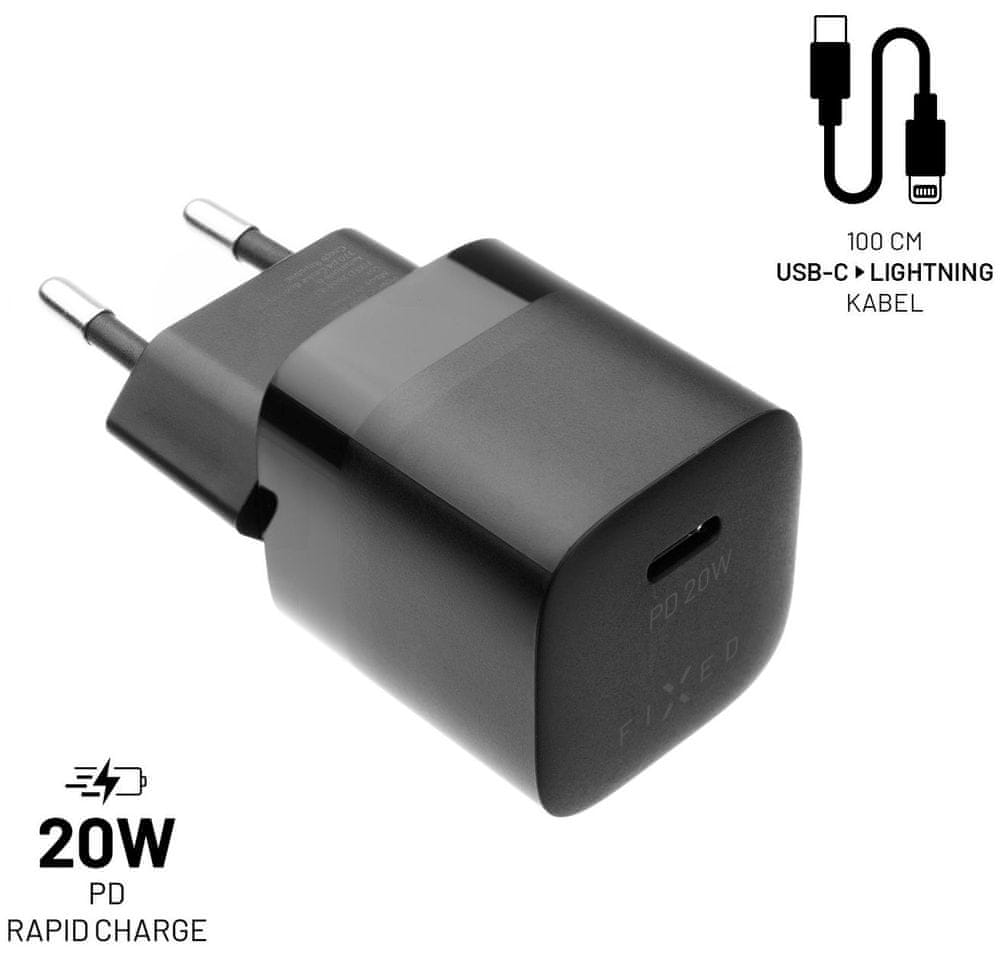 FIXED Set síťové nabíječky Mini s USB-C výstupem a USB-C/Lightning kabelu, podpora PD, 1 metr, MFI, 20W FIXC20M-CL-BK, černý