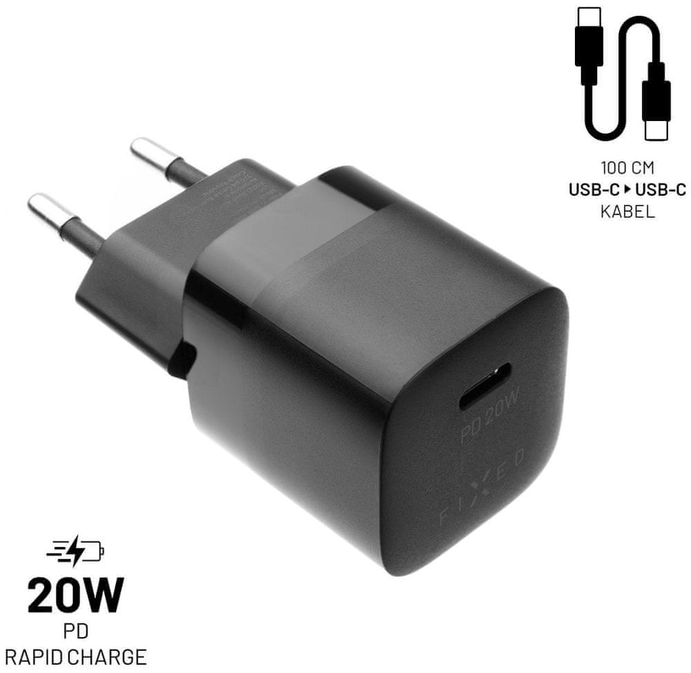 FIXED Set síťové nabíječky Mini s USB-C výstupem a USB-C/USB-C kabelu, podpora PD, 1 metr, 20W FIXC20M-CC-BK, černý