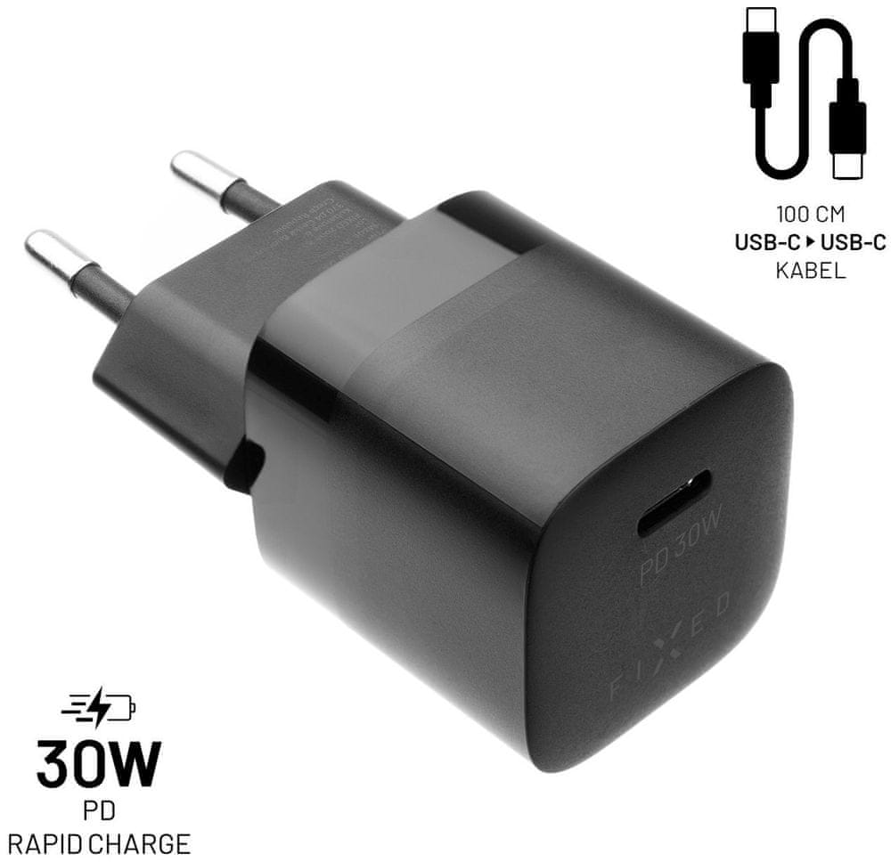 FIXED Set síťové nabíječky Mini s USB-C výstupem a USB-C/USB-C kabelu, podpora PD, 1 metr, 30W FIXC30M-CC-BK, černý