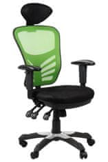 STEMA Otočná kancelářská židle HG-0001H. Má nylonovou základnu, měkká kolečka, nastavitelné područky a opěrku hlavy. Nastavitelné sedadlo (úhel), nastavitelné opěradlo (nahoru-dolů). Barva černá/zelená.