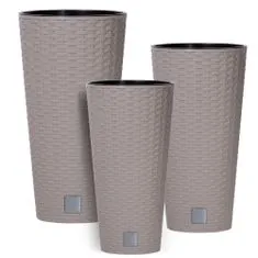 botle Sada 3x Květináčů s vložkou Rattan Mocca barva 38 47 57 cm cm plast Vysoký Kulatý Kužel