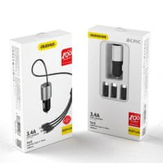 shumee USB nabíječka do auta 3v1 + vestavěný Lightning USB-C micro USB kabel, černý