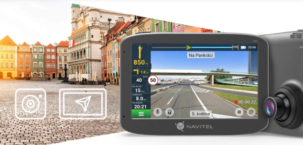  autokamera navitel re 5 dual full hd rozlišení vnitřní hlavní přední kamera dotykový displej navigace výpočet trasy čtečka karet gsensor 