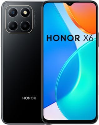 Honor X6, výkonný telefon, zaoblený velký displej TFT LCD displej HD+ rozlišení NFC výkonný procesor LTE připojení Dual SIM velkokapacitní baterie trojnásobný fotoaparát ultraširokoúhlý Mediatek vysoké rozlišení, 90Hz HD+ displej OS Android čtečka otisku prstů rychlonabíjení rychlodobíjení rychlé nabíjení dostupný výkonný telefon velký displej OS Android 12 UI 6.1