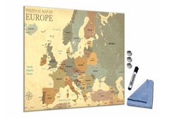 Glasdekor Skleněná magnetická tabule mapa Evropy s hlavními městy - Tvar: Obdélník, Rozměr skleněné grafické tabule: 100x80