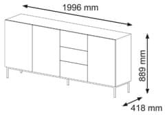 Homlando Komoda RAVENNA C 200 cm 3D3S černý mat / černý lesk DIAMENT se zlatým rámem