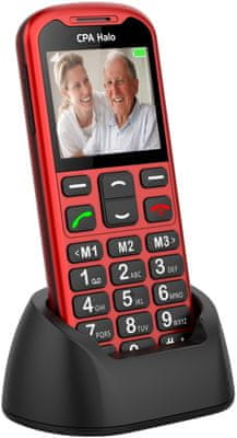 CPA Halo 19 Senior s nabíjecím stojánkem mobil pro seniory, velká tlačítka, SOS tlačítko, fotokontakty, nabíjecí stojánek, velký displej, velká písmena LTE připojení VoLTE volání SOS+ FM rádio Bluetooth fotokontakty SOS tlačítko LED svítilna