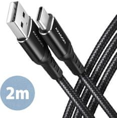 AXAGON kabel USB-C - USB-A, USB 2.0, 3A, ALU, opletený, 2m, černá